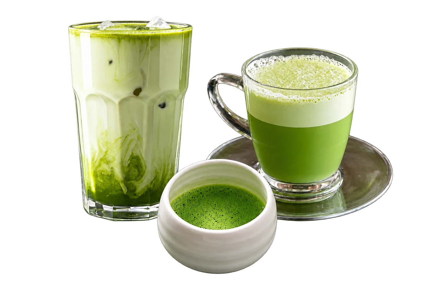 Ummの抹茶メニュー。アイス抹茶ラテ、ホット抹茶ラテ、点てたて抹茶