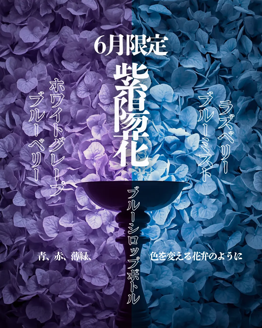 紫と青の紫陽花を背景にシーシャ台を置いた、限定シーシャミックスの掲示