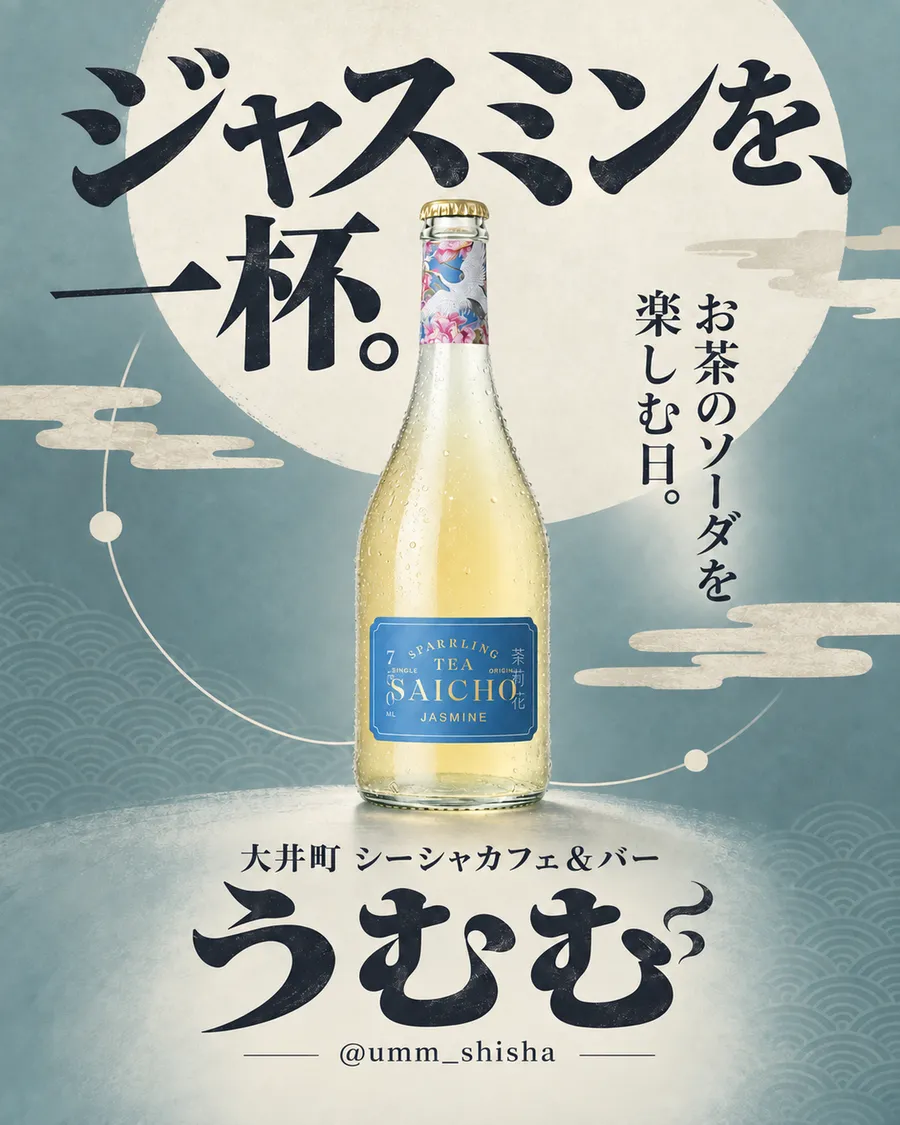 「ジャスミンを、一杯。」の見出しと、ジャスミンティーソーダのボトルを写したうむむの告知画像