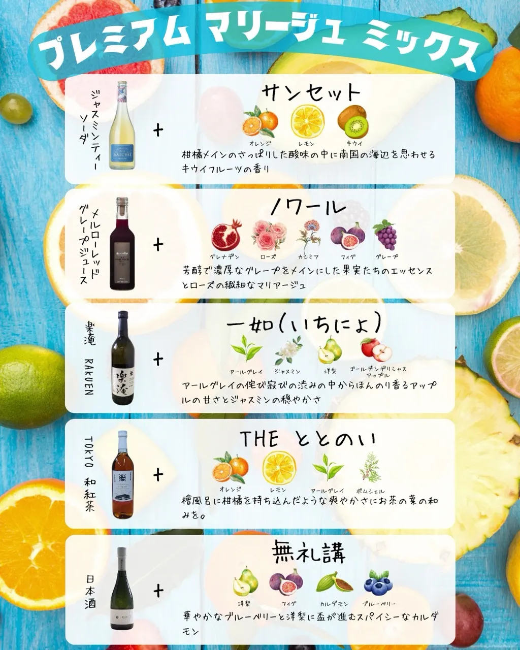 ドリンクごとのおすすめシーシャミックスを5種類並べたプレミアムマリアージュミックスの掲示